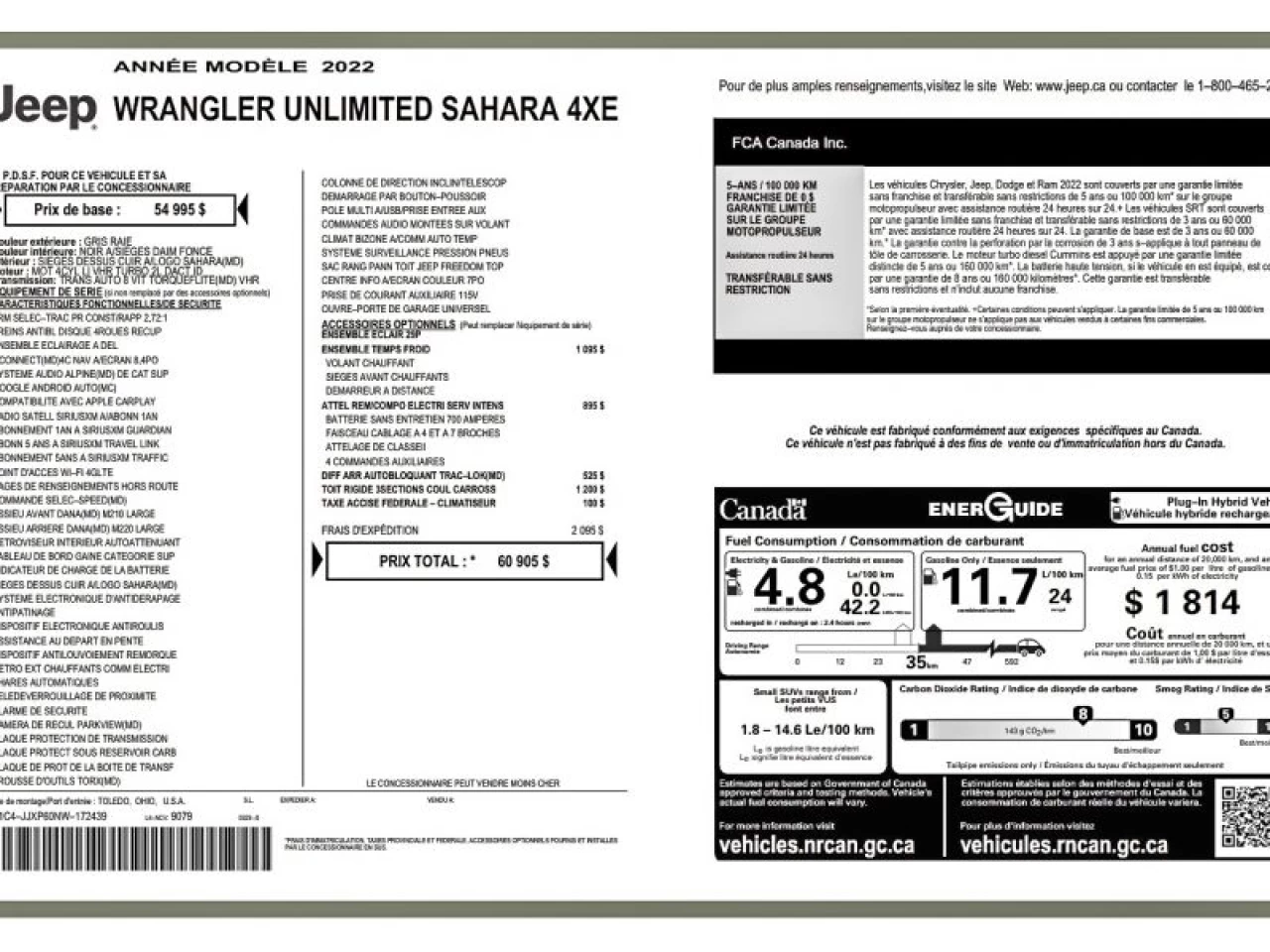 2022 Jeep Wrangler 4XE Sahara 4X4 GROUPE TEMPS FROID ATTELAGE REMORQU Image principale