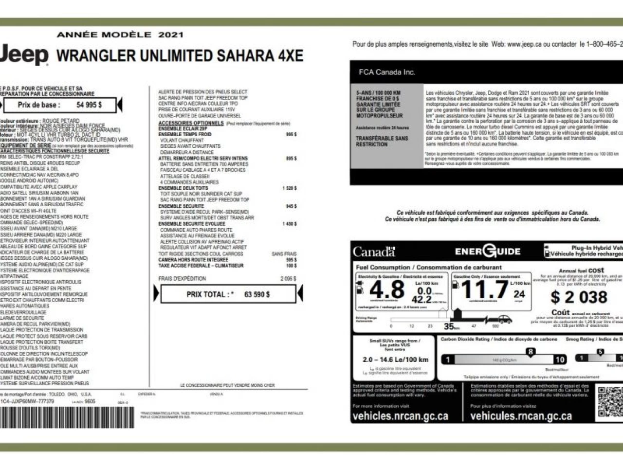 2021 Jeep Wrangler 4XE Unlimited Sahara 4x4 GROUPE REMORQUAGE 2 TOITS Image principale