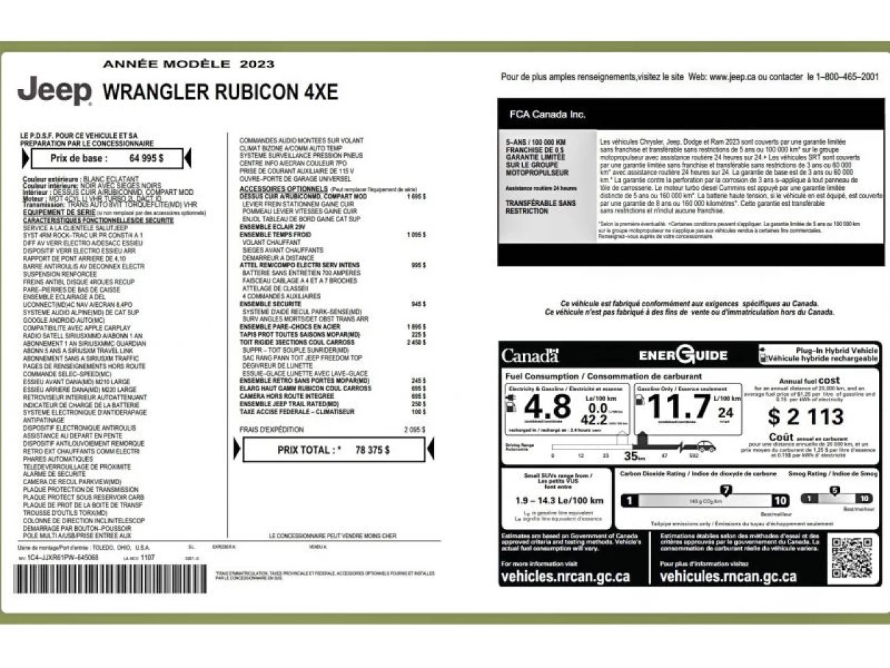 2023 Jeep Wrangler 4XE Rubicon CUIR GROUPE REMORQUAGE Main Image