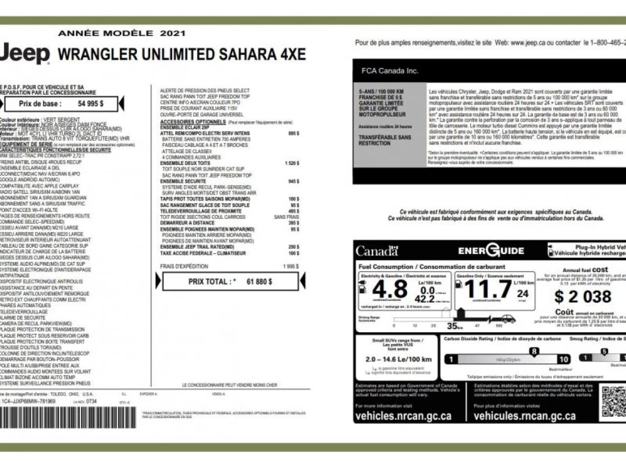2021 Jeep Wrangler 4XE Unlimited Sahara 4x4 GROUPE REMORQUAGE Main Image