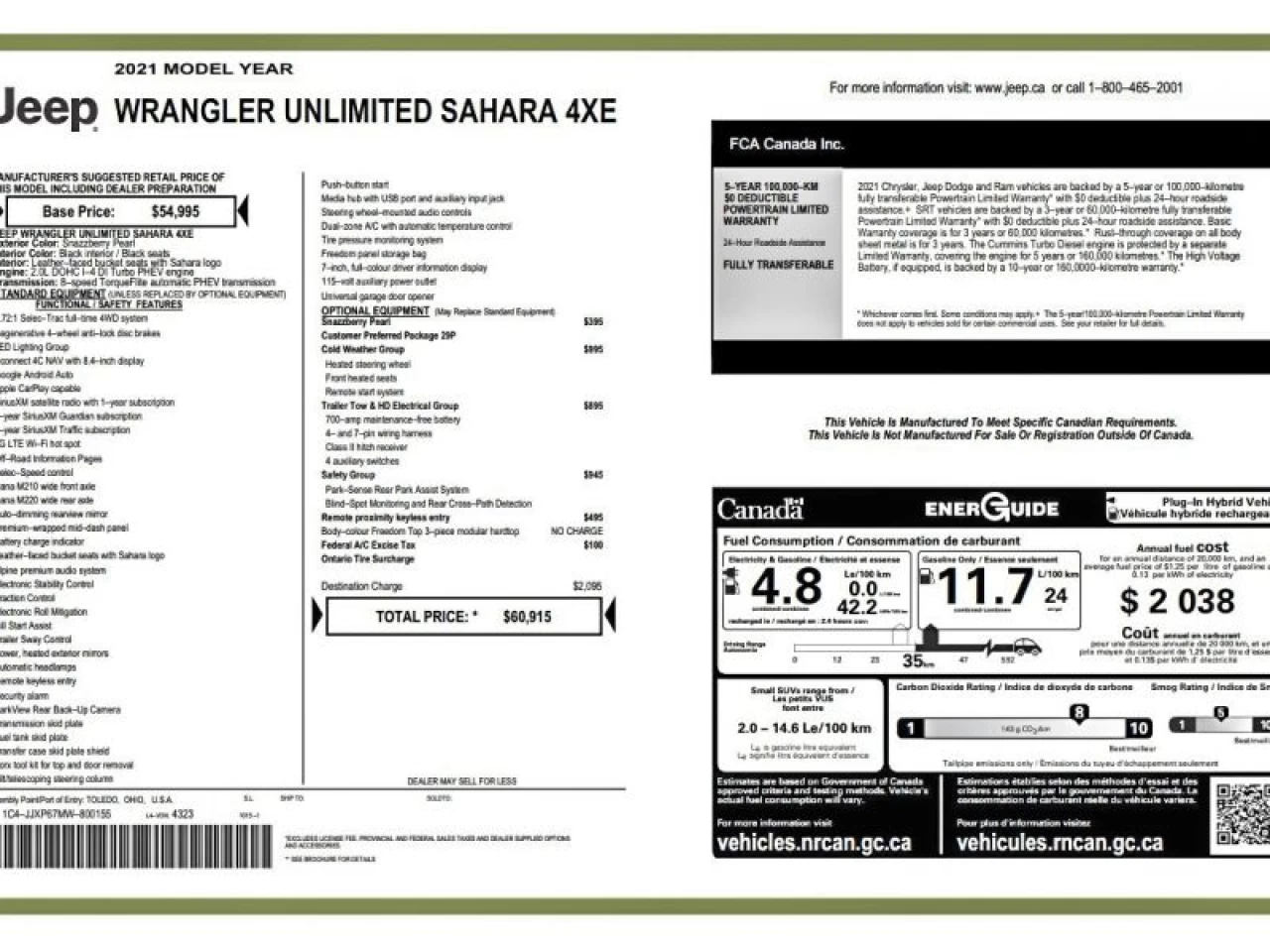 2021 Jeep Wrangler 4XE Unlimited Sahara 4x4 TRAILER TOW GROUP CUIR Main Image
